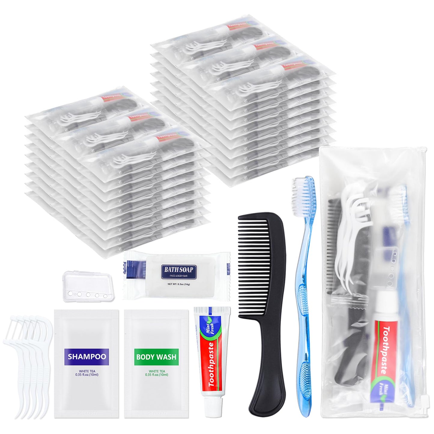 25 Sets Personal Hygiene Kit Basic Toiletry Kits Homeless Supplies Bulk for Travel,Charity,Business Include 25 Toothbrush,25 Toothpaste,25 Comb,25 Bath Soap, 25 Shampoo,25 Body Wash, 125 Floss Picks