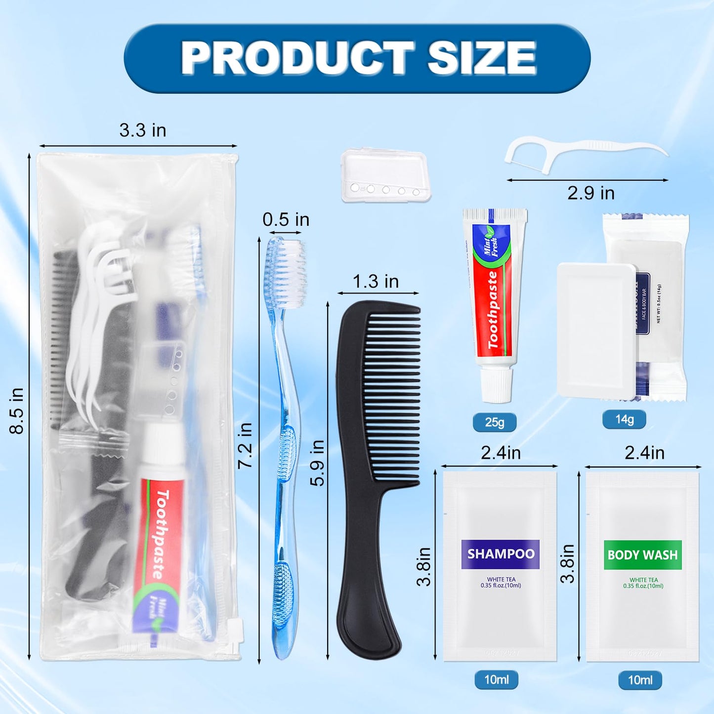 25 Sets Personal Hygiene Kit Basic Toiletry Kits Homeless Supplies Bulk for Travel,Charity,Business Include 25 Toothbrush,25 Toothpaste,25 Comb,25 Bath Soap, 25 Shampoo,25 Body Wash, 125 Floss Picks